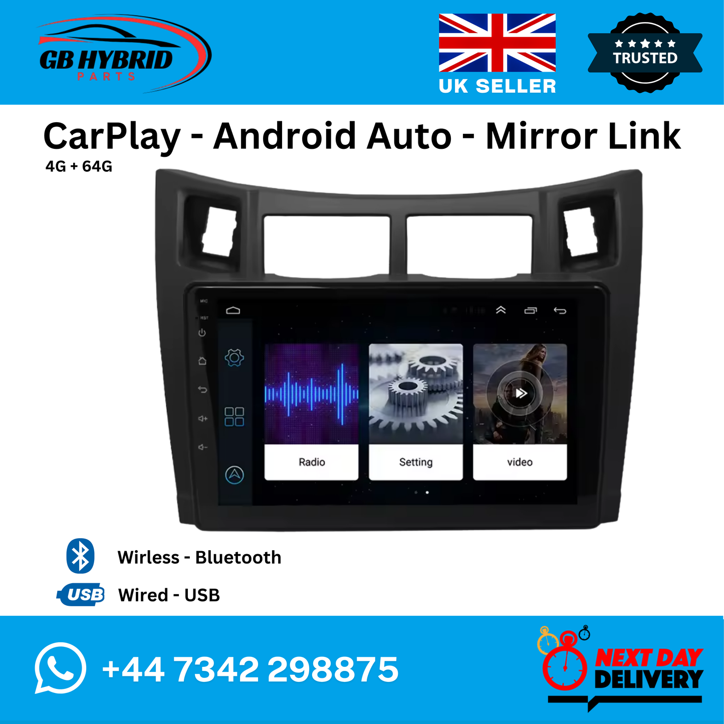 Android Carplay Toyota Yaris 2005 to 2012 Car Stereo Radio GPS Sat 4+64GB GB Hybrid Parts